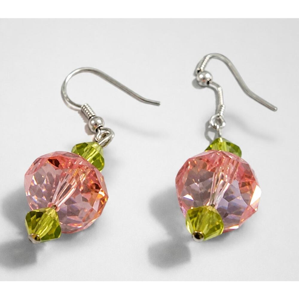 Vintage Pink Green Glass Drop Earrings Pierced Faceted Dangle Silver Tone 2" rp9